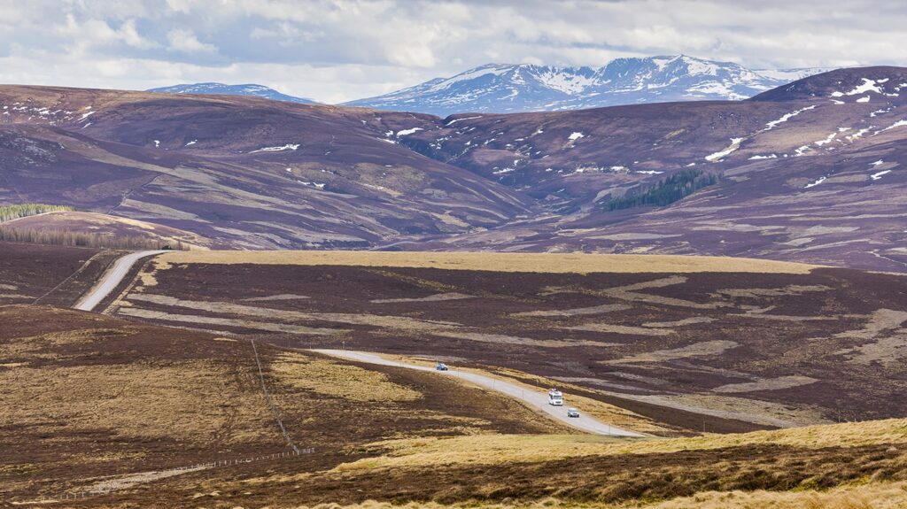 Driving along the Lecht in the Cairngorms