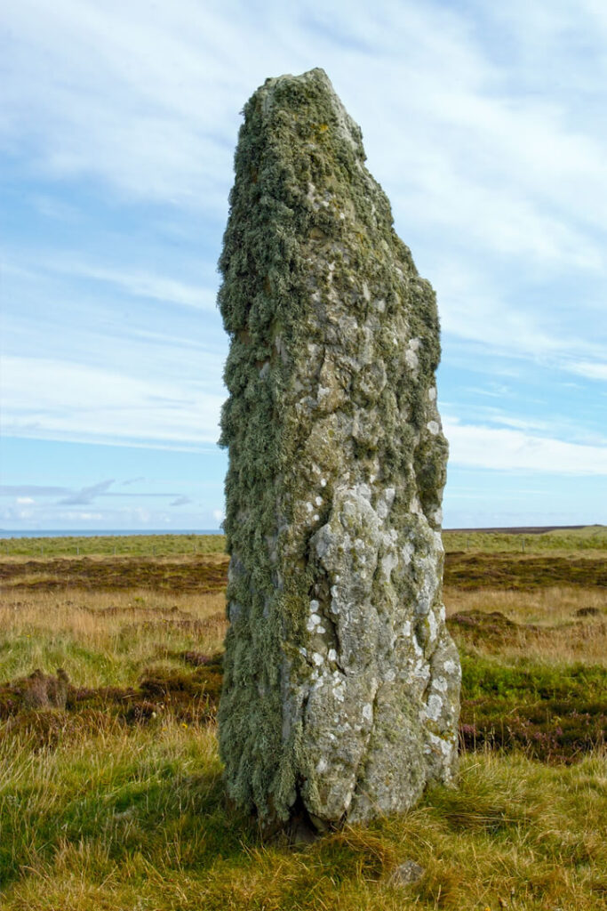 Mor Stein – a lichen encrusted standing stone in Shapinsay, Orkney