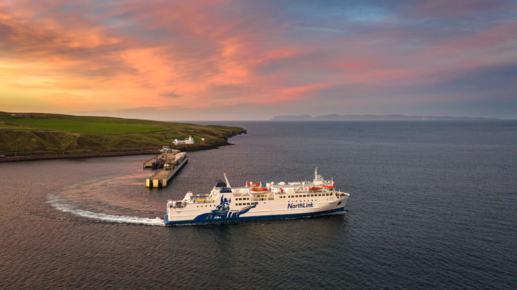MV Hamnavoe leaving Scrabster sailing to Orkney viewed from the air