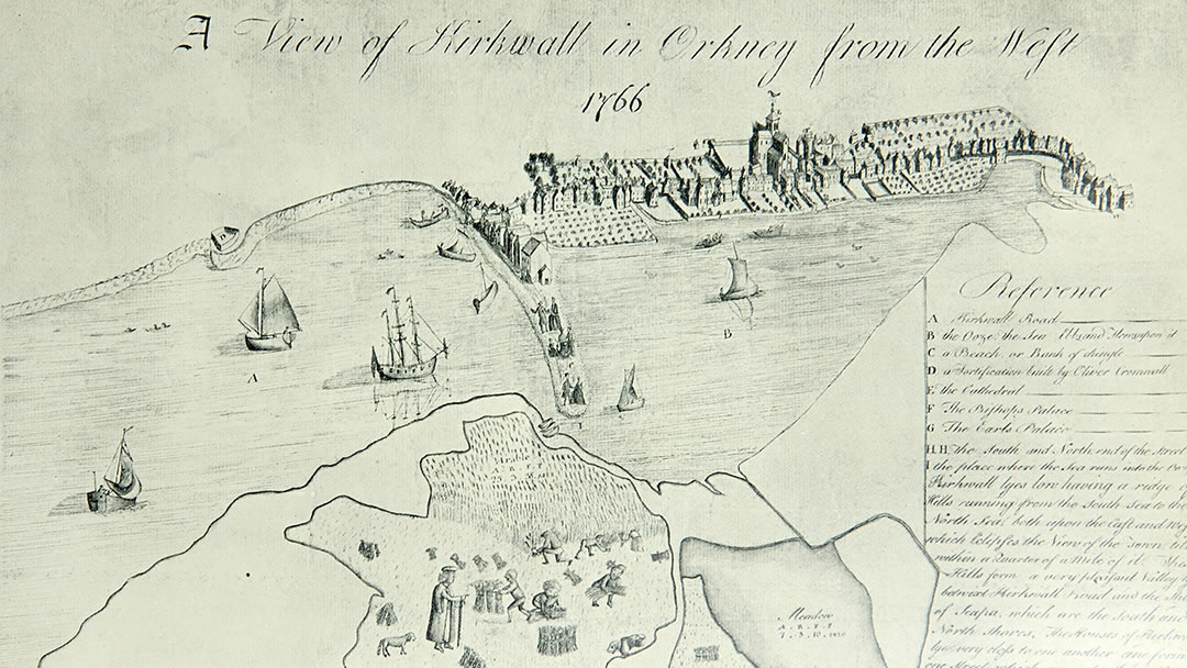 An old map of Kirkwall showing the sea reaching the Cathedral steps