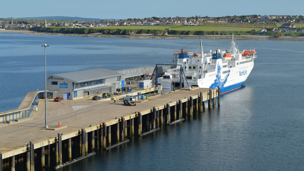 Scrabster Ferry Terminal and MV Hamnavoe with Thurso in the background