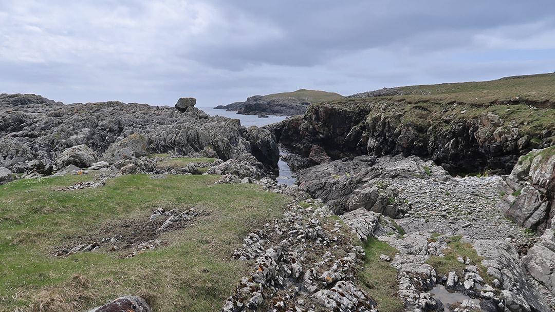 The rocky jagged coastline of the Skerries