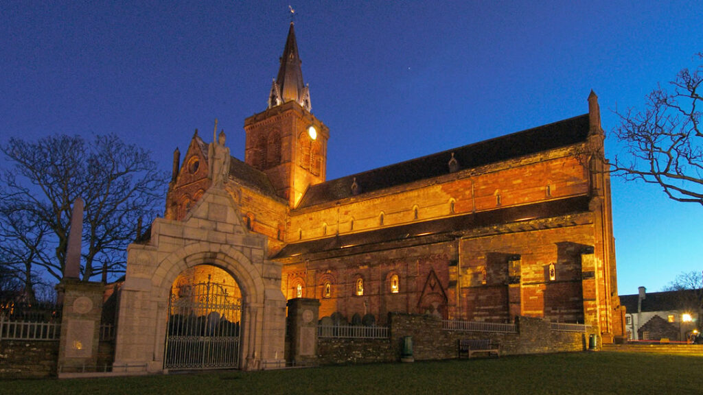 St Magnus Cathedral at night in Kirkwall, Orkney