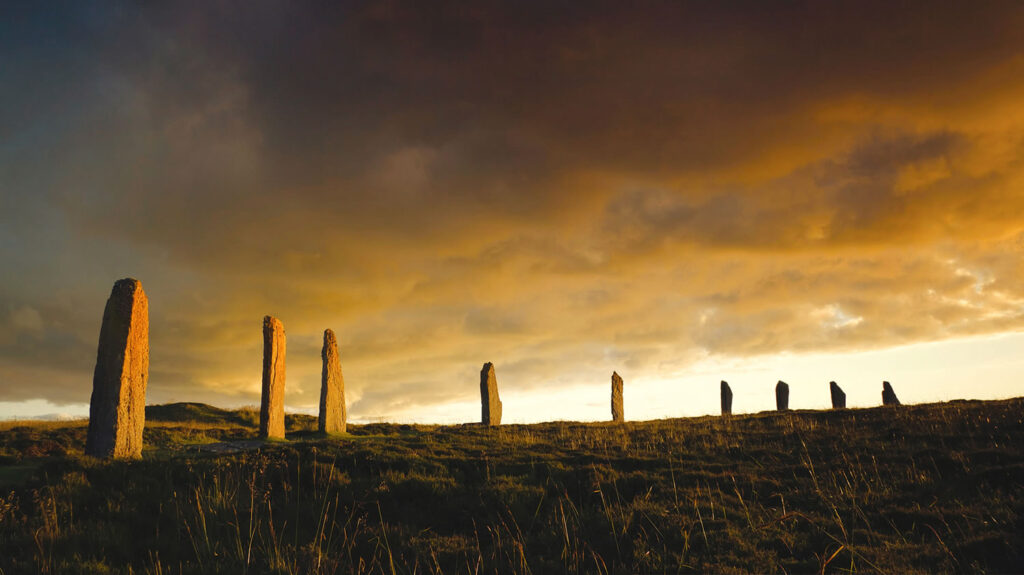 Ring of Brodgar in dramatic evening light and cloudscape