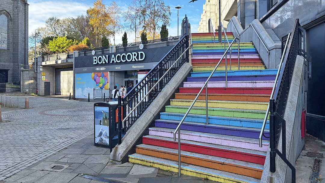 The rainbow steps leading to the Rooftop Garden