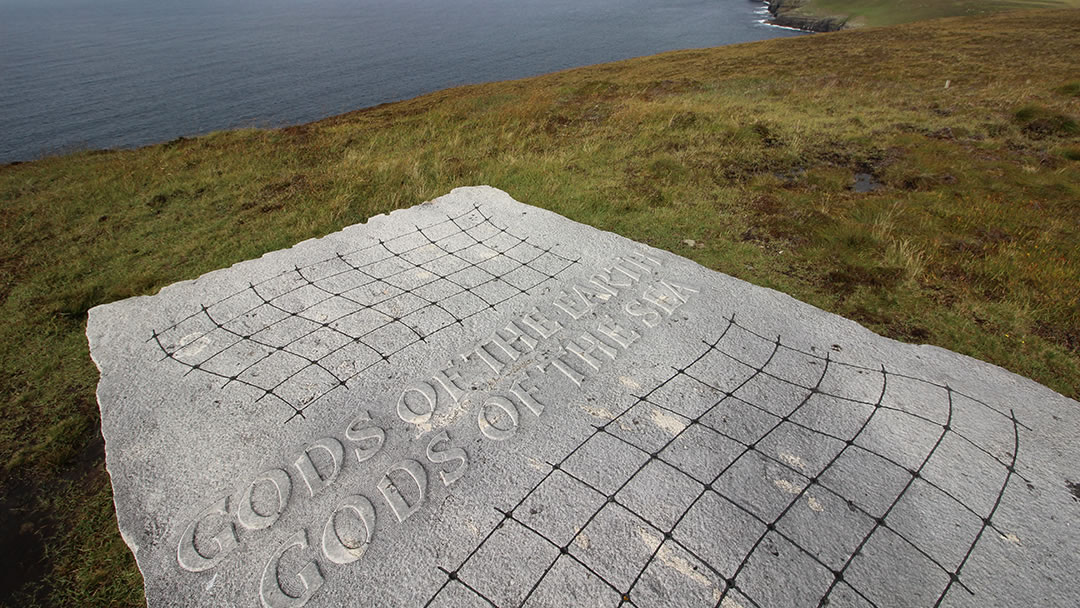 The stone sculpture created by Ian Hamilton Finlay 'Gods Of The Earth, God Of The Sea'