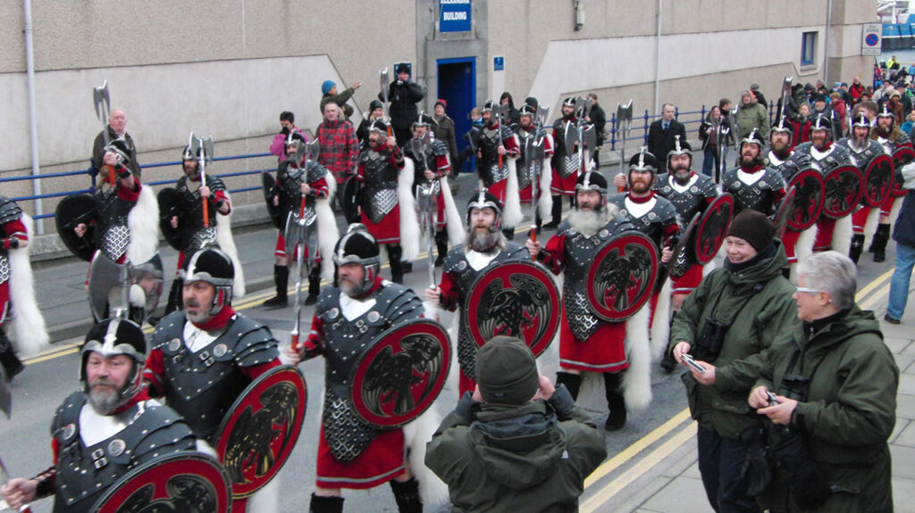 A parade during Up Helly Aa day in Lerwick Shetland